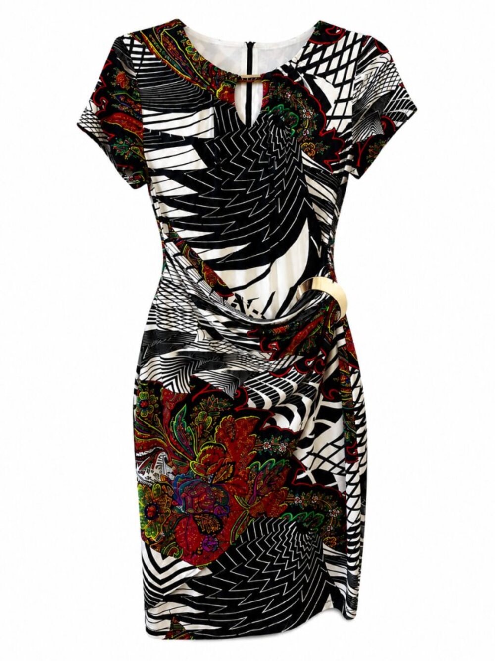 Frank Lyman Bold Print Gold Detail Midi Dress Size 6
